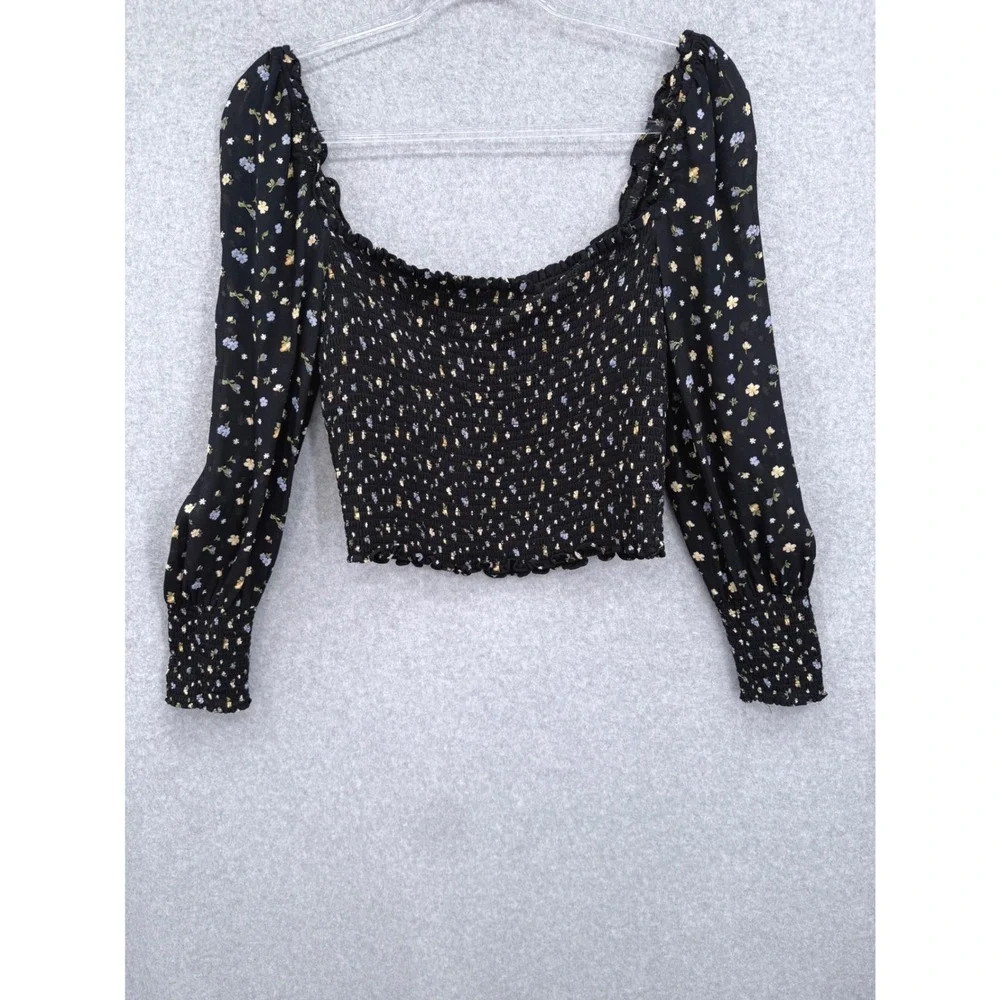 Reformation Pinto Smocked Top Womens Size Medium Black Ditsy Floral Puff Sleeve
